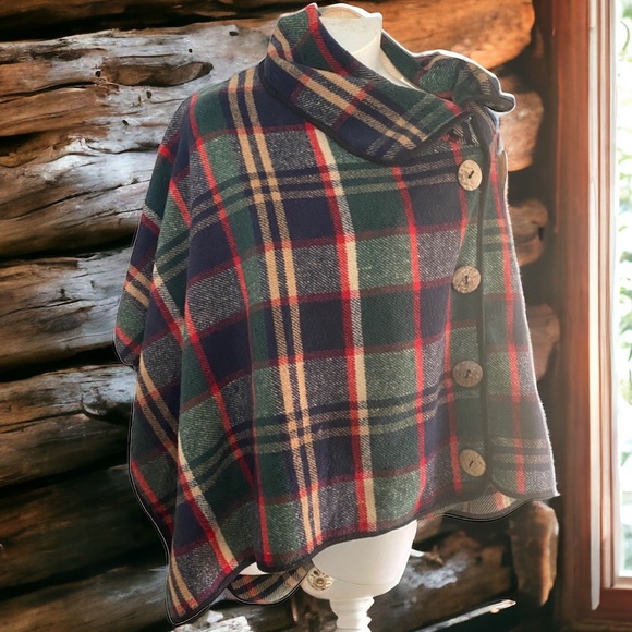 Preppy plaid wood button pullover poncho fleece jacket poncho O/S - Picture 1 of 8